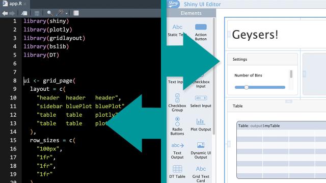 Code next to the ShinyUIEditor that generated it