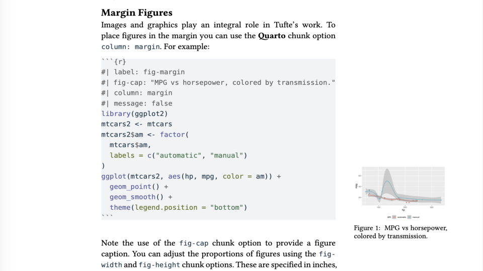 A Typst article page showing code and a margin figure rendered with the Marginalia package